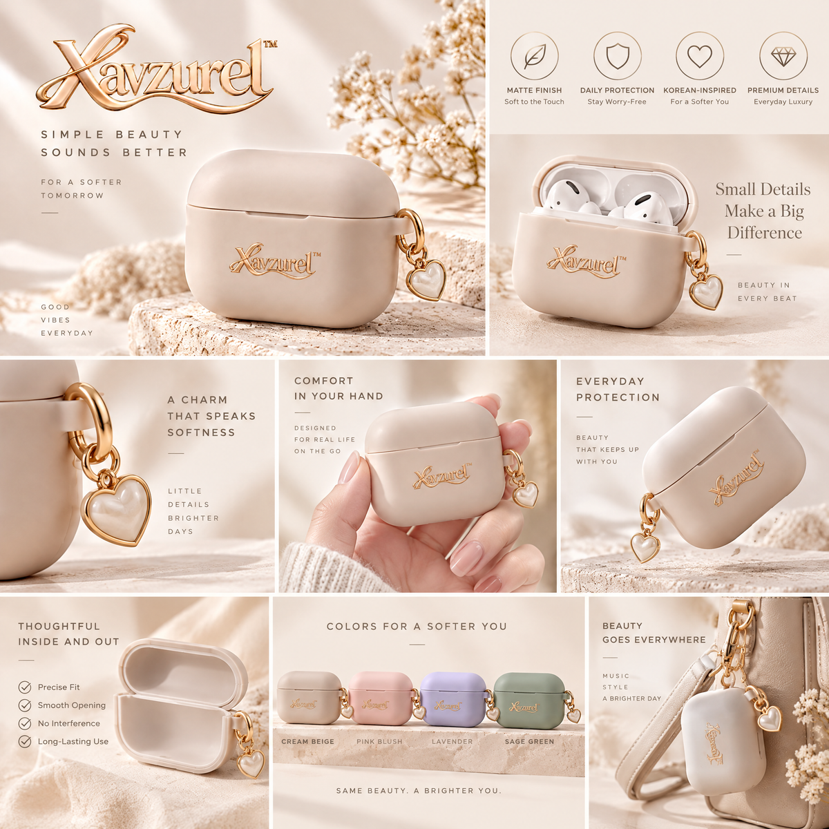 Xavzurel™ Ivory Matte Earbud Case with Gold Heart Charm — features