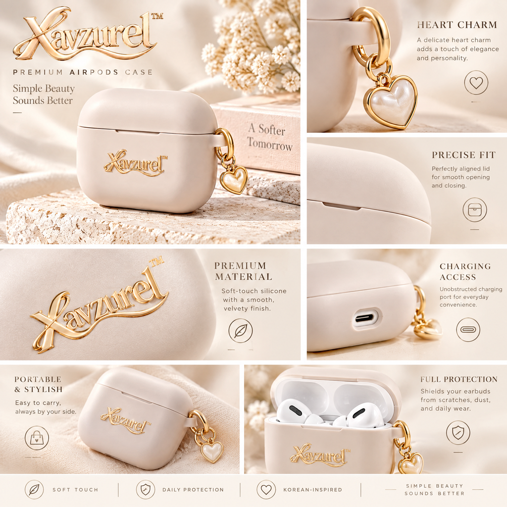 Xavzurel™ Ivory Matte Earbud Case with Gold Heart Charm — product details