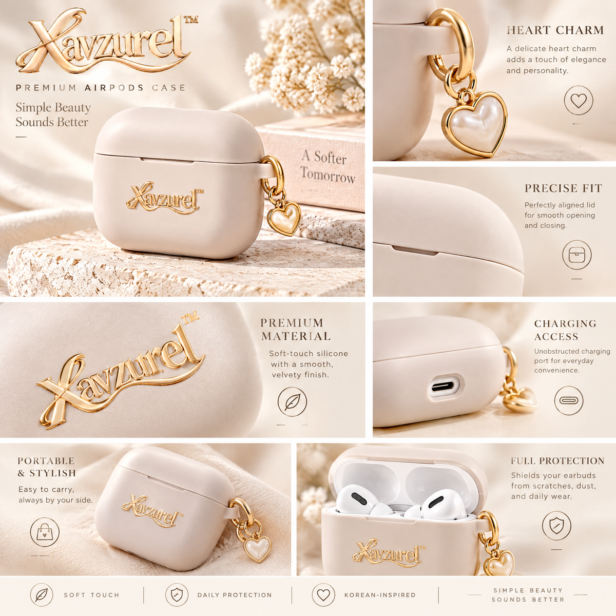 Xavzurel™ Ivory Matte Earbud Case with Gold Heart Charm — product details