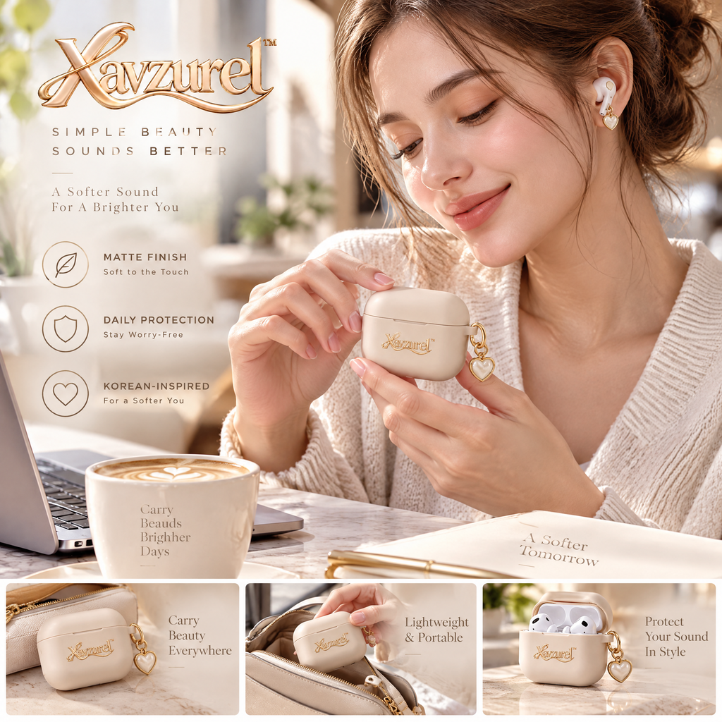 Xavzurel™ Ivory Matte Earbud Case with Gold Heart Charm — everyday styling