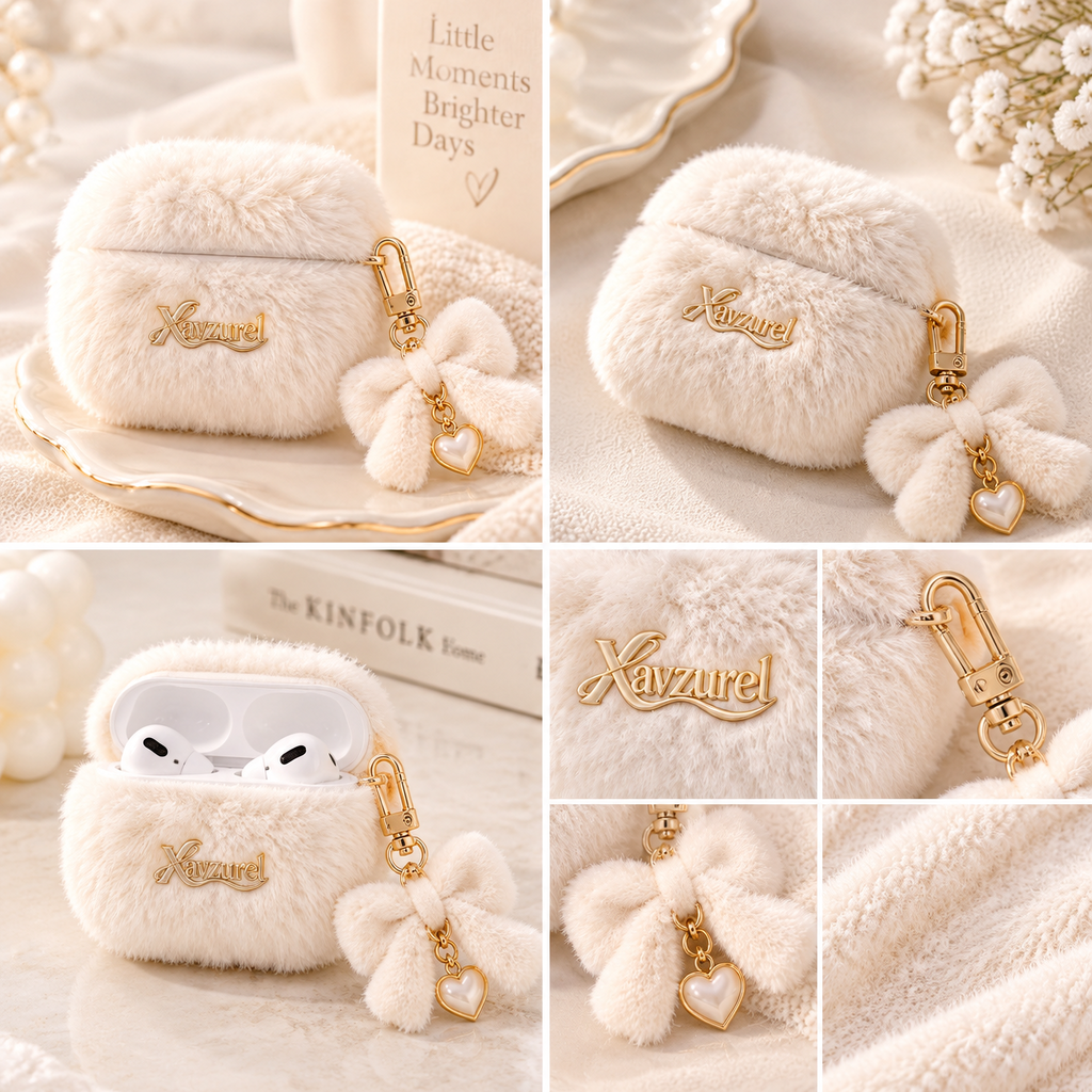 Xavzurel™ Cloud-Soft Cream Fluffy Earbud Case with Bow Charm — features