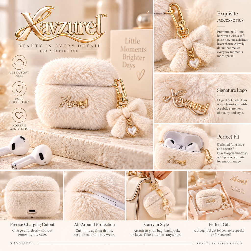 Xavzurel™ Cloud-Soft Cream Fluffy Earbud Case with Bow Charm — product details