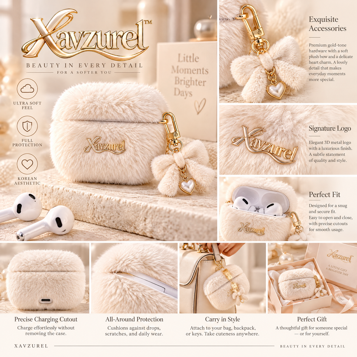Xavzurel™ Cloud-Soft Cream Fluffy Earbud Case with Bow Charm — product details