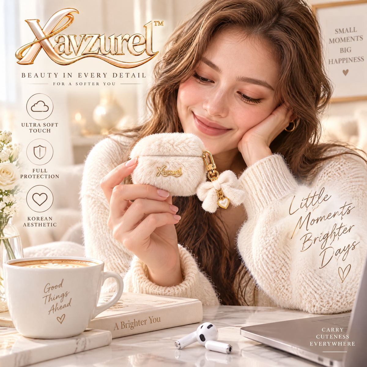 Xavzurel™ Cloud-Soft Cream Fluffy Earbud Case with Bow Charm — everyday styling