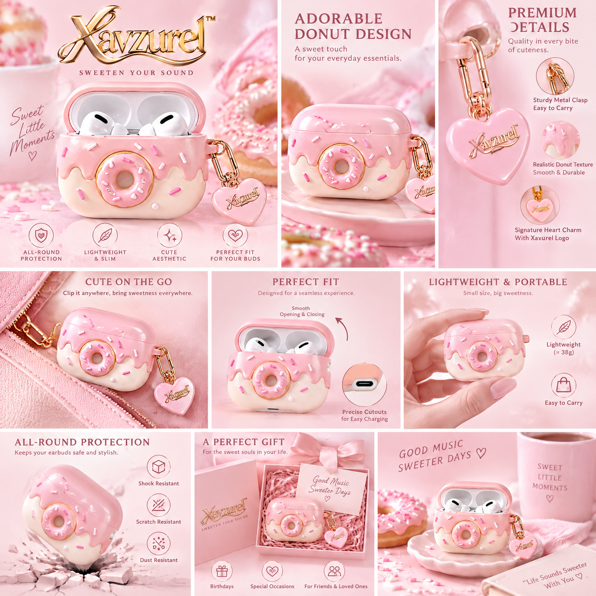 Xavzurel™ Pink Frosted Donut Earbud Case — features