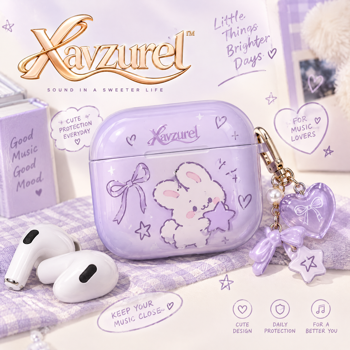 Xavzurel™ Lavender Clear Earbud Case with Bunny Artwork — main design
