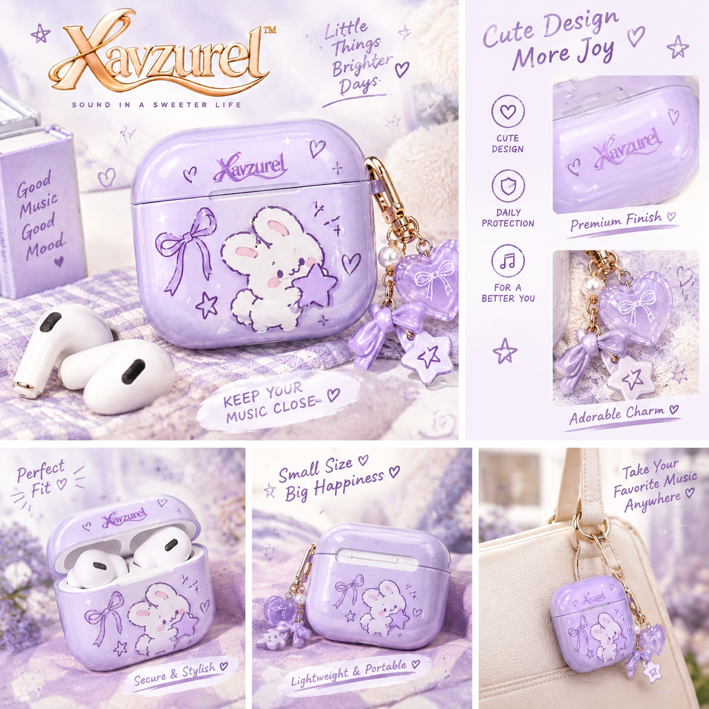 Xavzurel™ Lavender Clear Earbud Case with Bunny Artwork — features