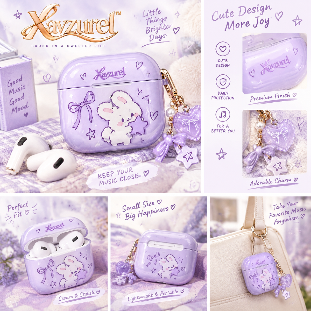Xavzurel™ Lavender Clear Earbud Case with Bunny Artwork — features