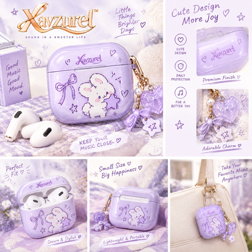 Xavzurel™ Lavender Clear Earbud Case with Bunny Artwork — features