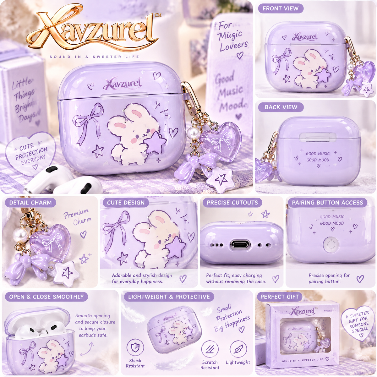Xavzurel™ Lavender Clear Earbud Case with Bunny Artwork — product details