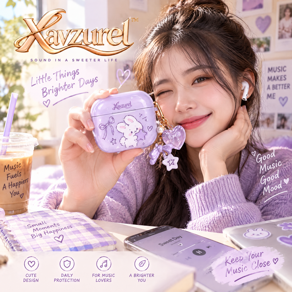 Xavzurel™ Lavender Clear Earbud Case with Bunny Artwork — everyday styling