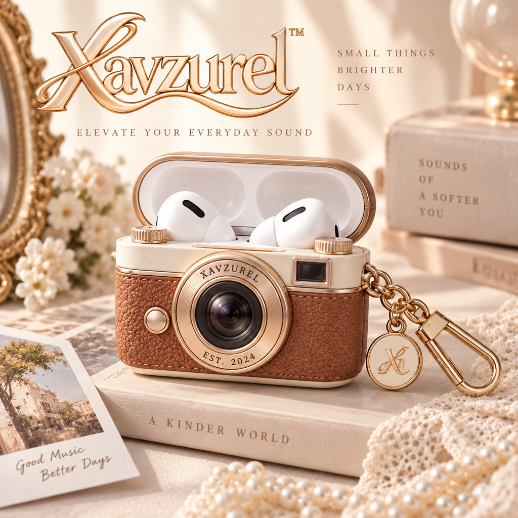 Xavzurel™ Retro Camera Earbud Case with Vintage Strap Detail — main design