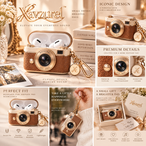 Xavzurel™ Retro Camera Earbud Case with Vintage Strap Detail — features