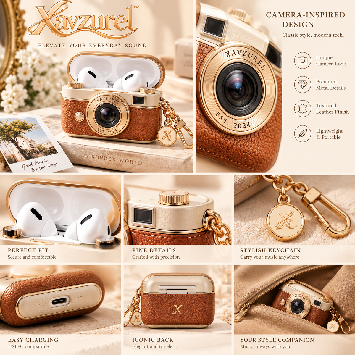 Xavzurel™ Retro Camera Earbud Case with Vintage Strap Detail — product details