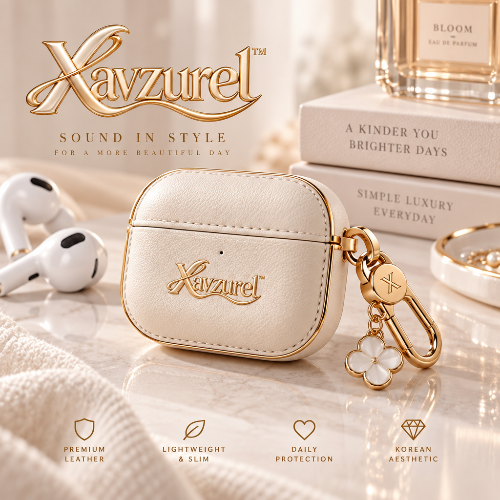 Xavzurel™ Cream Textured Earbud Case with Gold Trim and Floral Charm — main design