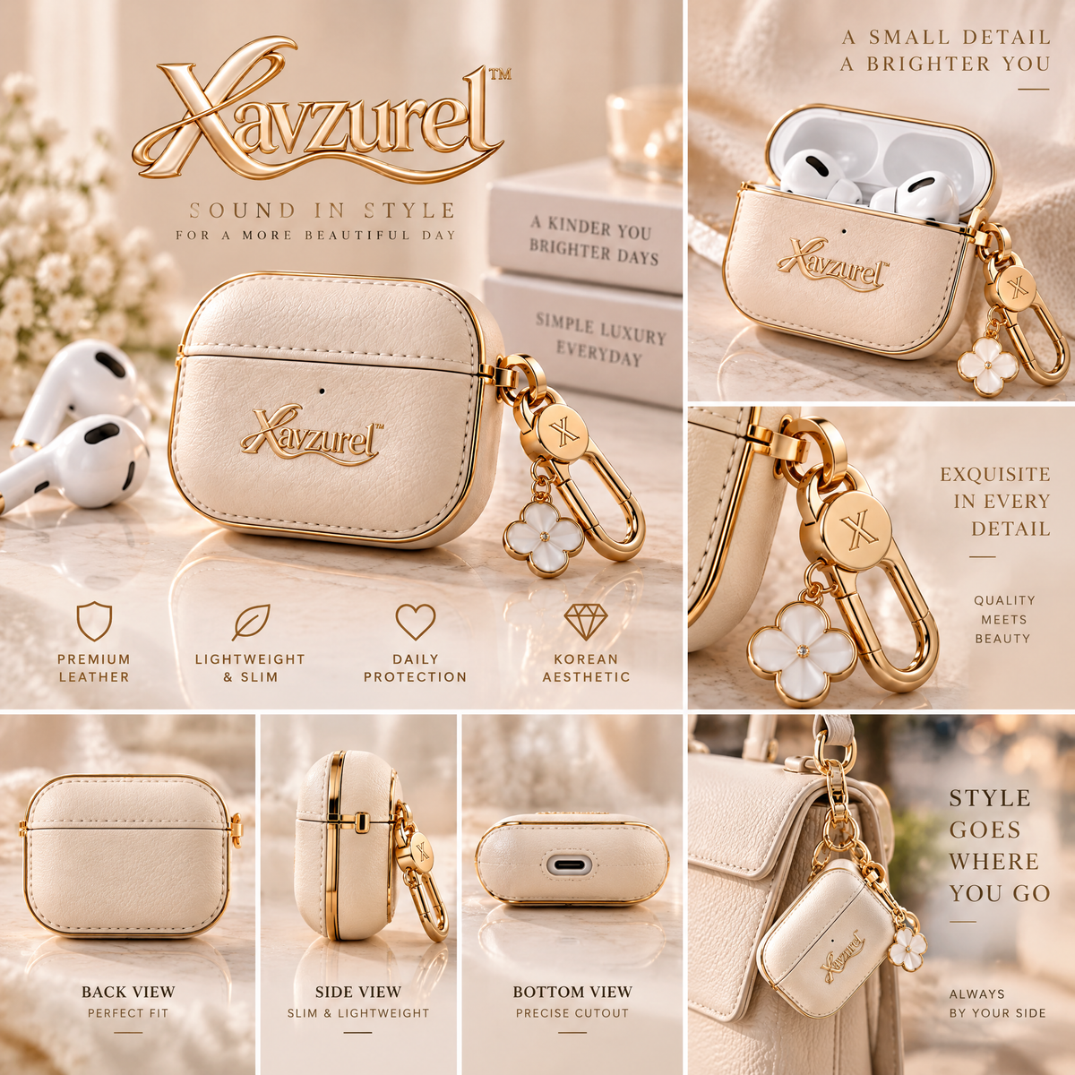 Xavzurel™ Cream Textured Earbud Case with Gold Trim and Floral Charm — features