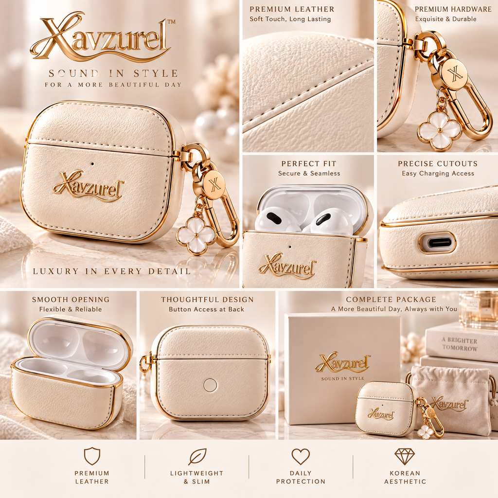 Xavzurel™ Cream Textured Earbud Case with Gold Trim and Floral Charm — product details