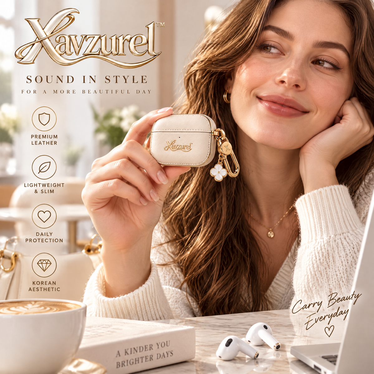 Xavzurel™ Cream Textured Earbud Case with Gold Trim and Floral Charm — everyday styling