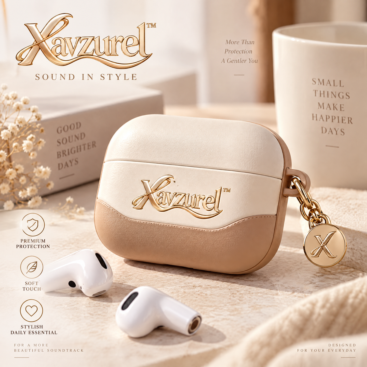 Xavzurel™ Two-Tone Cream and Mocha Earbud Case with Gold Charm — main design