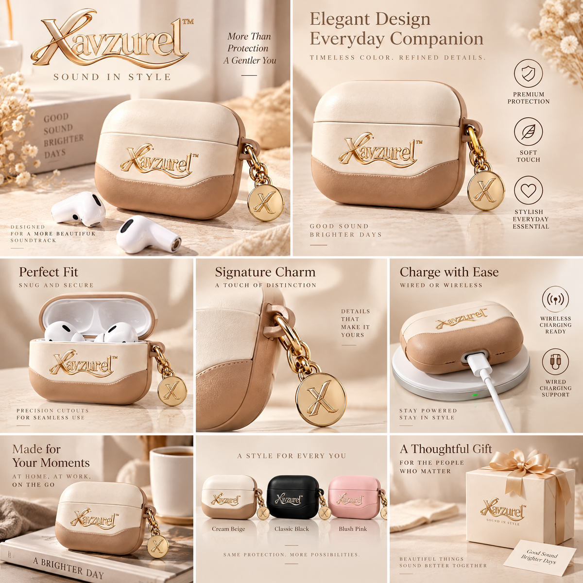 Xavzurel™ Two-Tone Cream and Mocha Earbud Case with Gold Charm — features