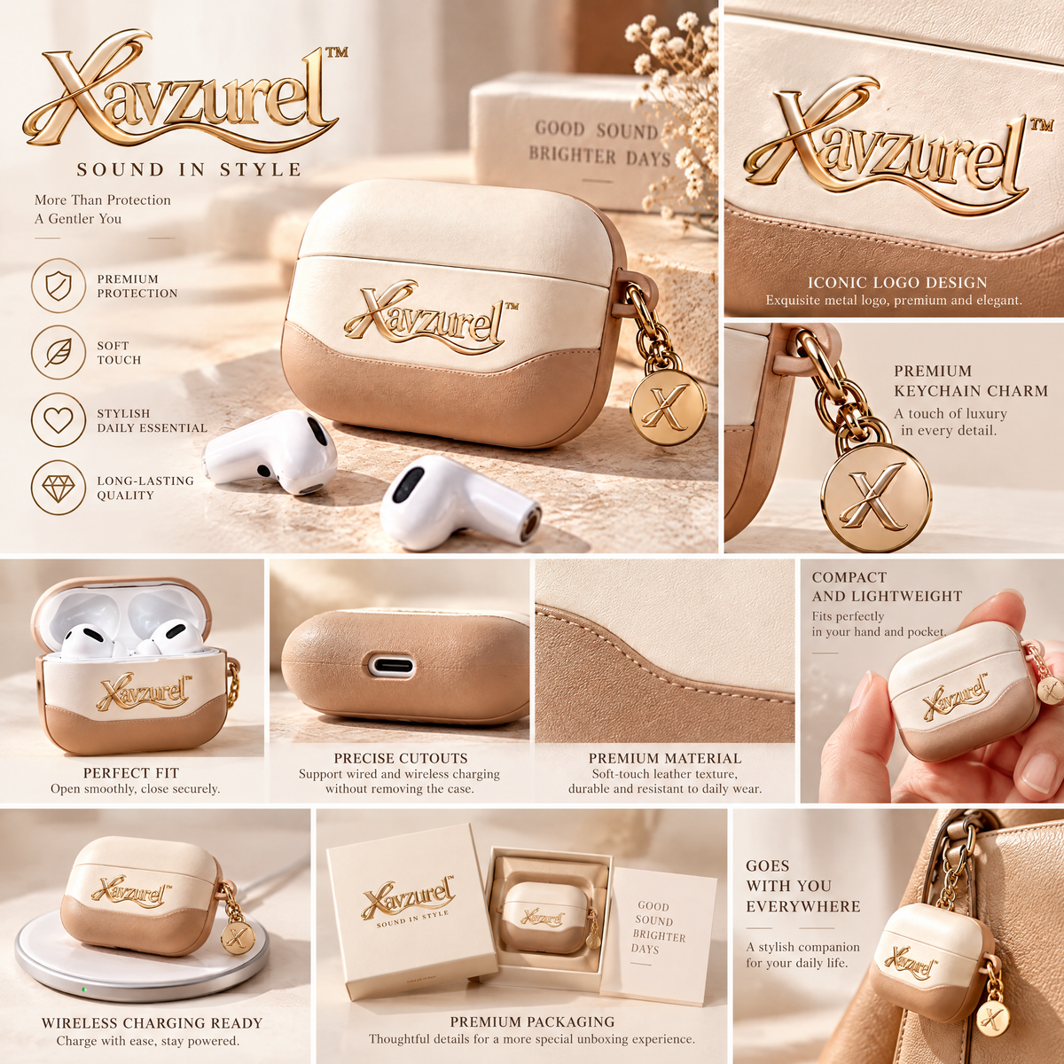 Xavzurel™ Two-Tone Cream and Mocha Earbud Case with Gold Charm — product details