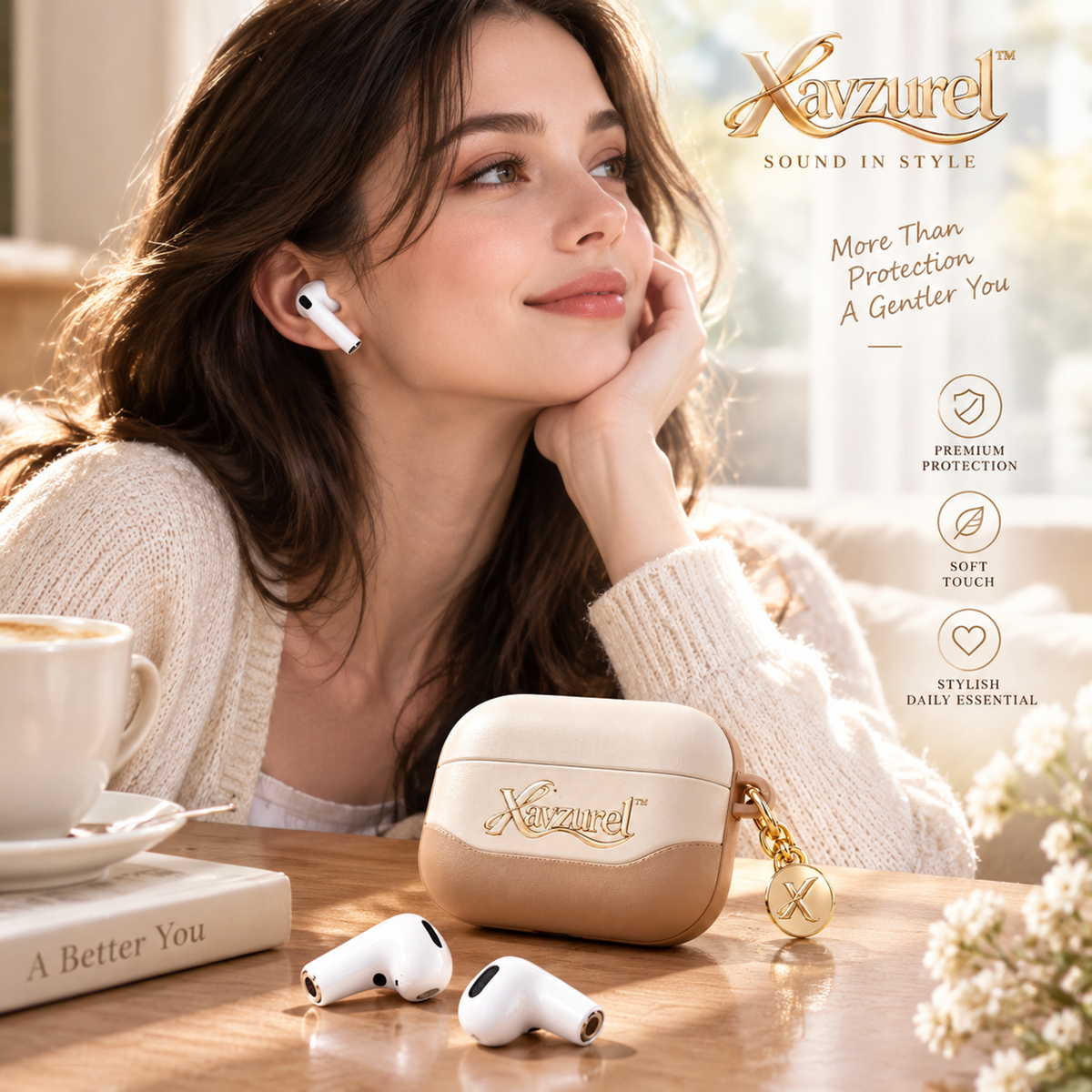 Xavzurel™ Two-Tone Cream and Mocha Earbud Case with Gold Charm — everyday styling