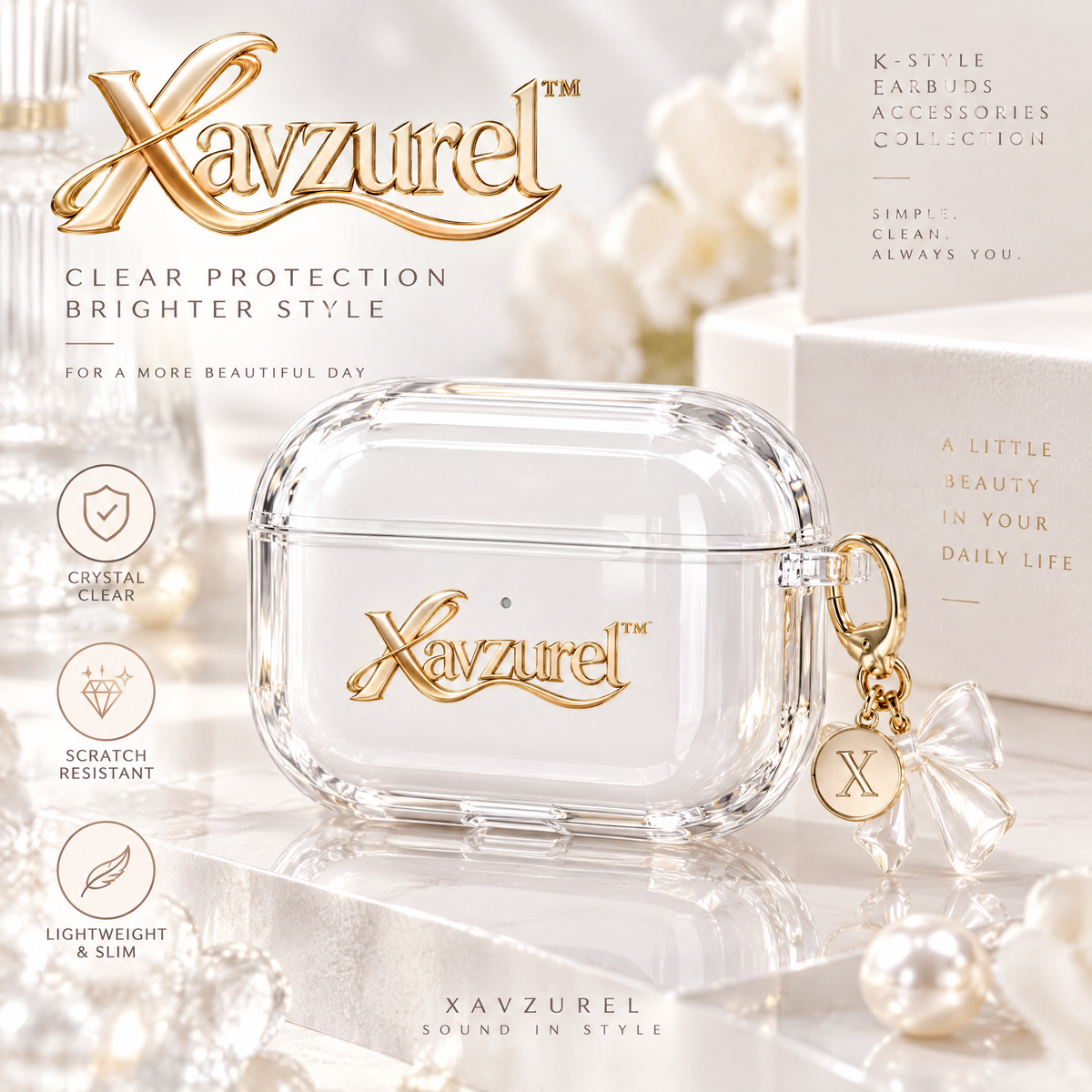 Xavzurel™ Crystal-Clear Earbud Case with Bow Charm — main design