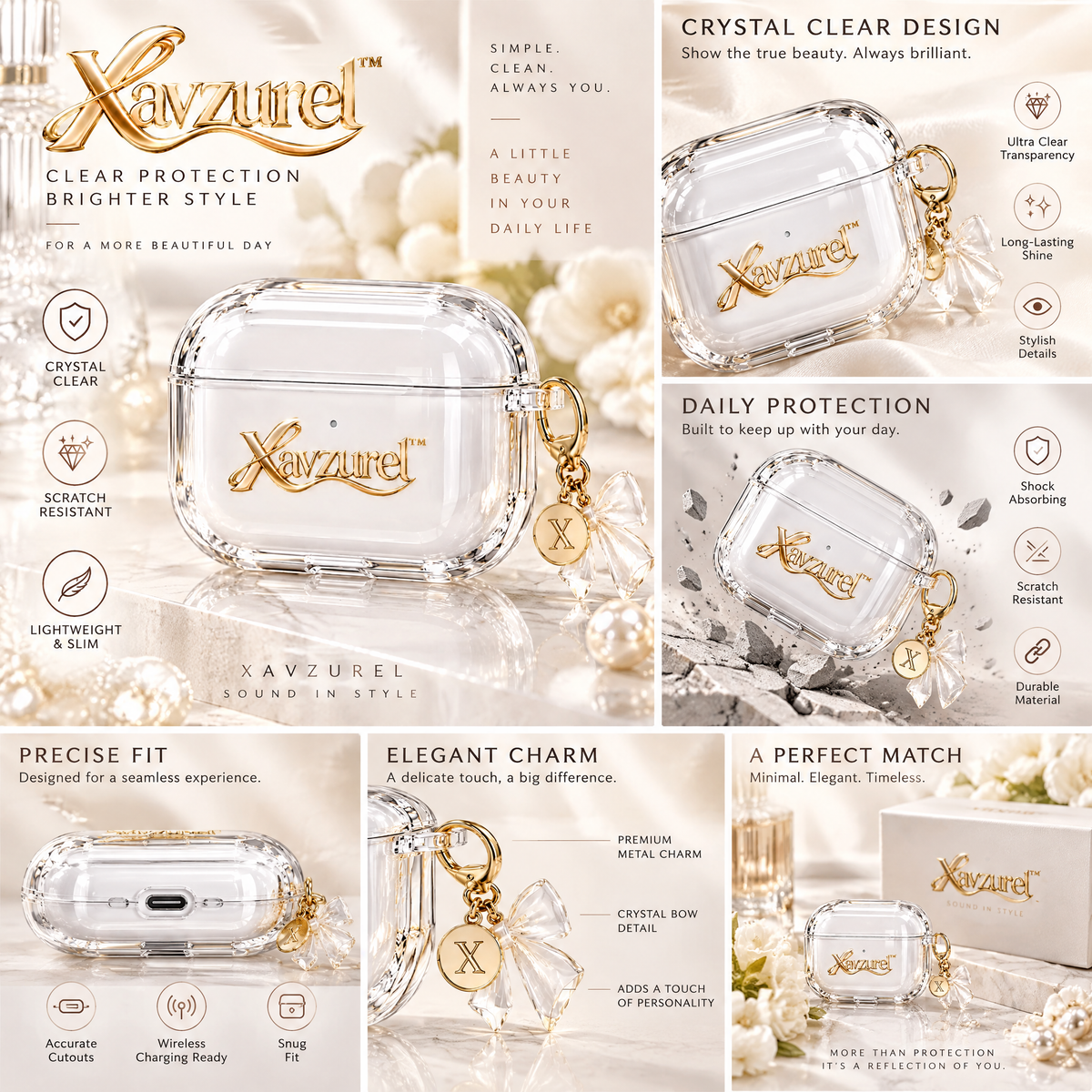 Xavzurel™ Crystal-Clear Earbud Case with Bow Charm — features
