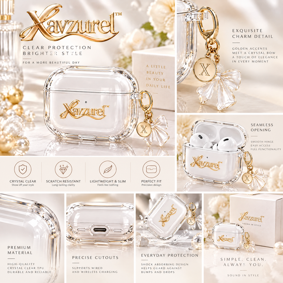 Xavzurel™ Crystal-Clear Earbud Case with Bow Charm — product details
