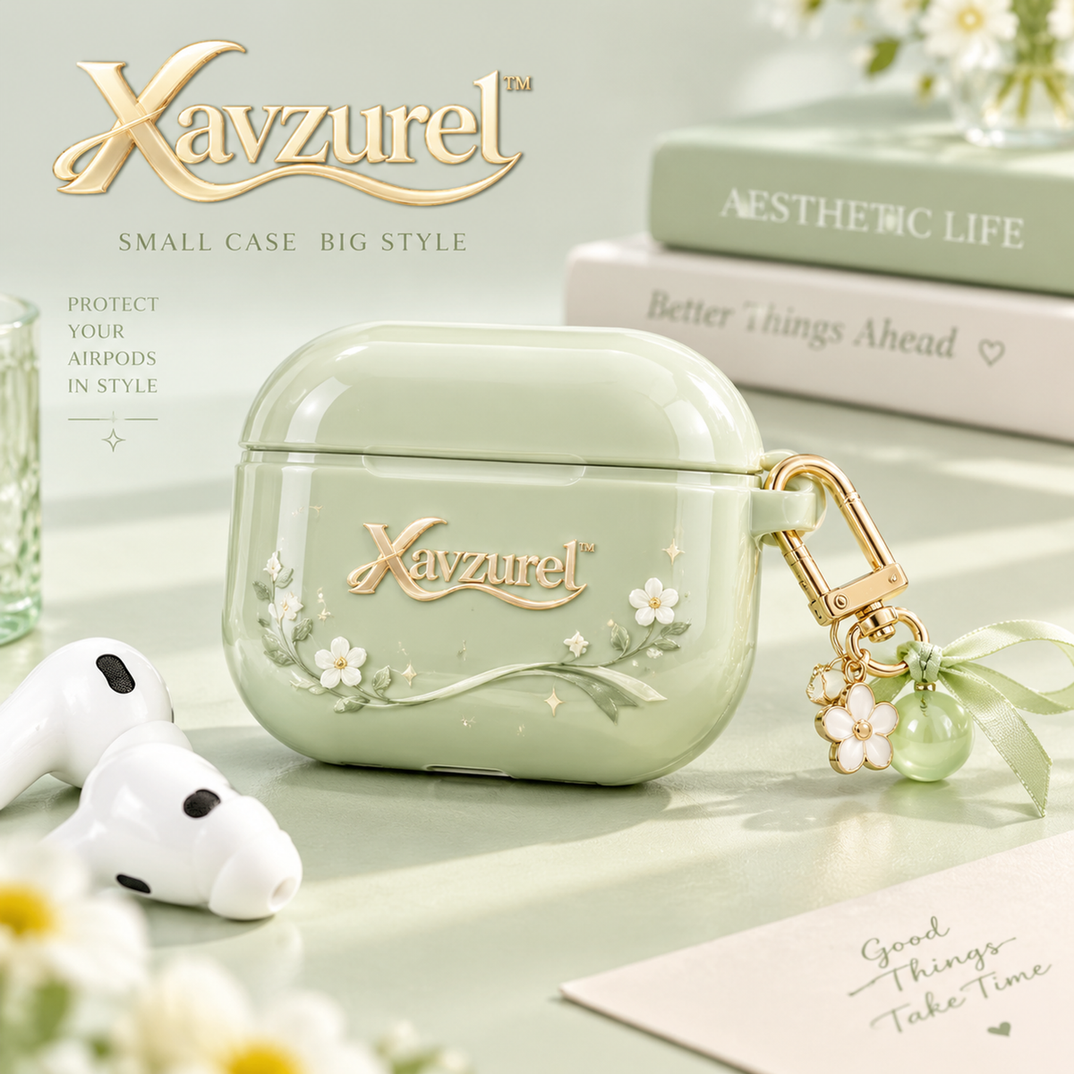 Xavzurel™ Sage Green Floral Earbud Case with Garden Charms — main design