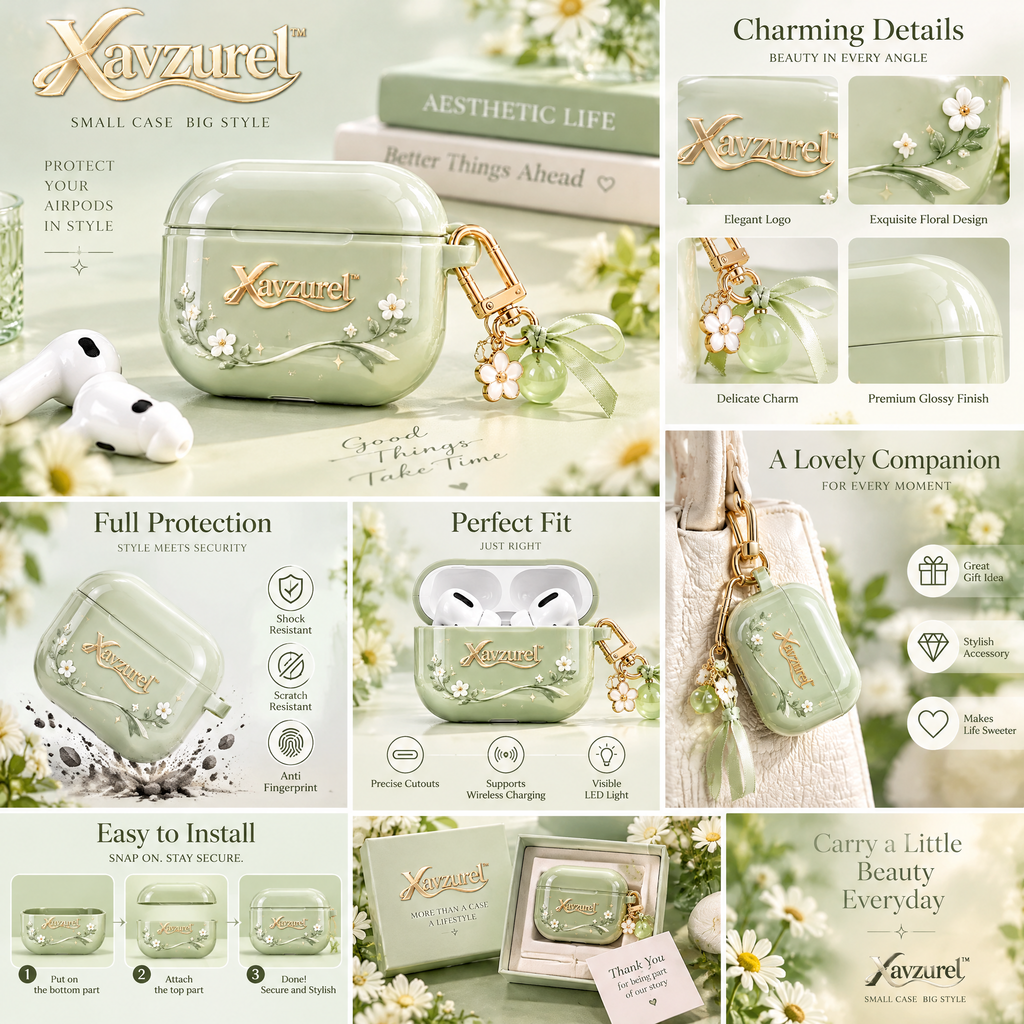 Xavzurel™ Sage Green Floral Earbud Case with Garden Charms — features
