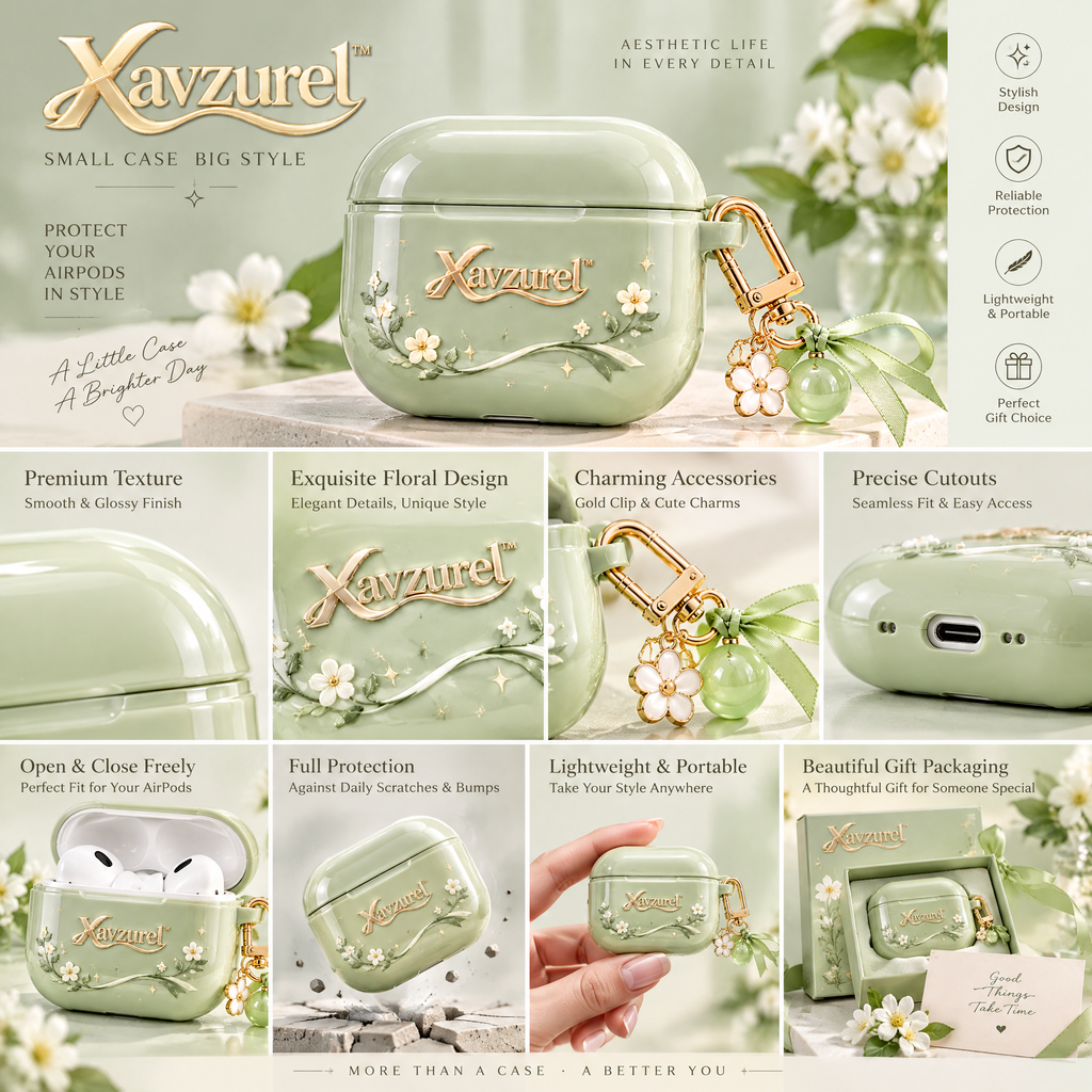 Xavzurel™ Sage Green Floral Earbud Case with Garden Charms — product details