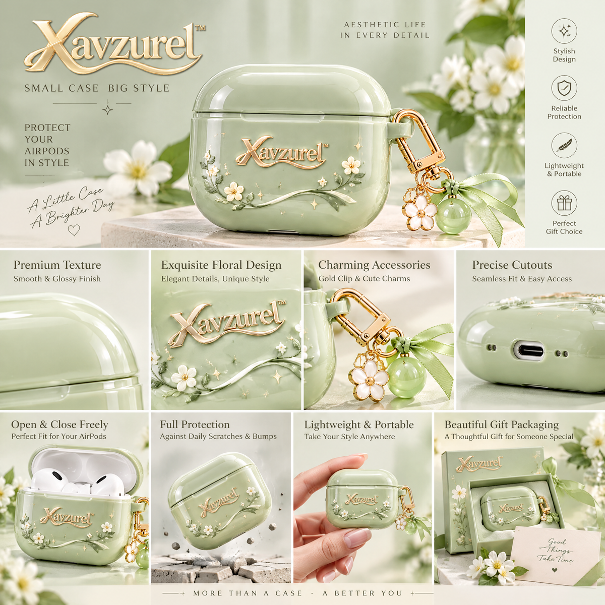 Xavzurel™ Sage Green Floral Earbud Case with Garden Charms — product details