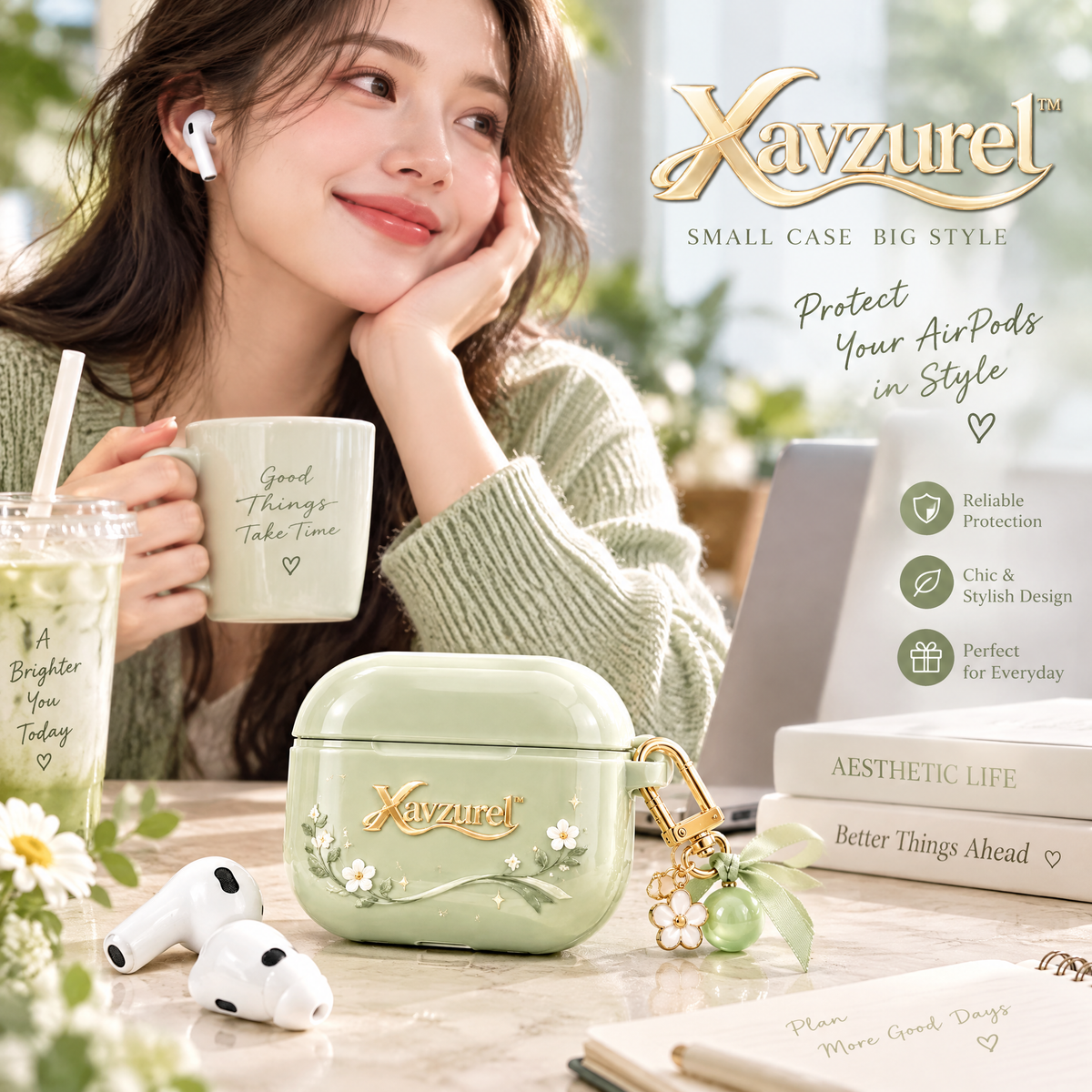 Xavzurel™ Sage Green Floral Earbud Case with Garden Charms — everyday styling