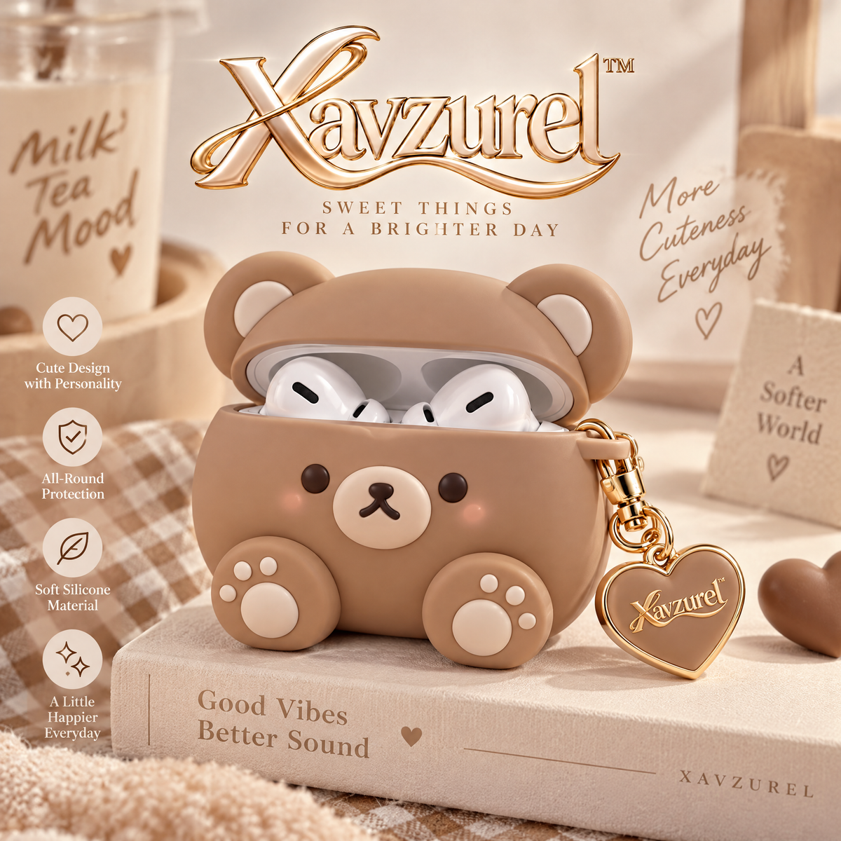 Xavzurel™ Kawaii Teddy Bear Earbud Case with Heart Pendant — main design