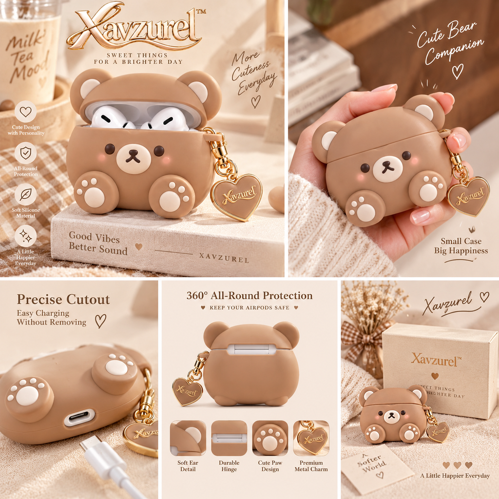 Xavzurel™ Kawaii Teddy Bear Earbud Case with Heart Pendant — features