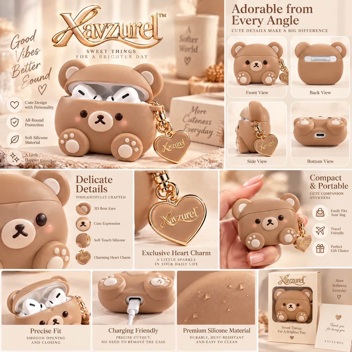 Xavzurel™ Kawaii Teddy Bear Earbud Case with Heart Pendant — product details