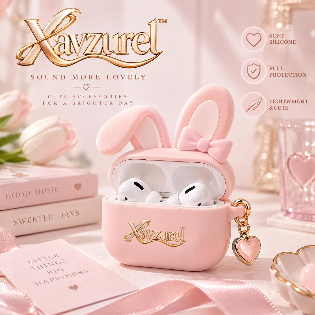 Xavzurel™ Pink Bunny Earbud Case with Bow and Heart Charm — main design
