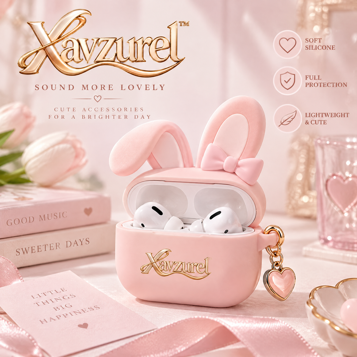 Xavzurel™ Pink Bunny Earbud Case with Bow and Heart Charm — main design