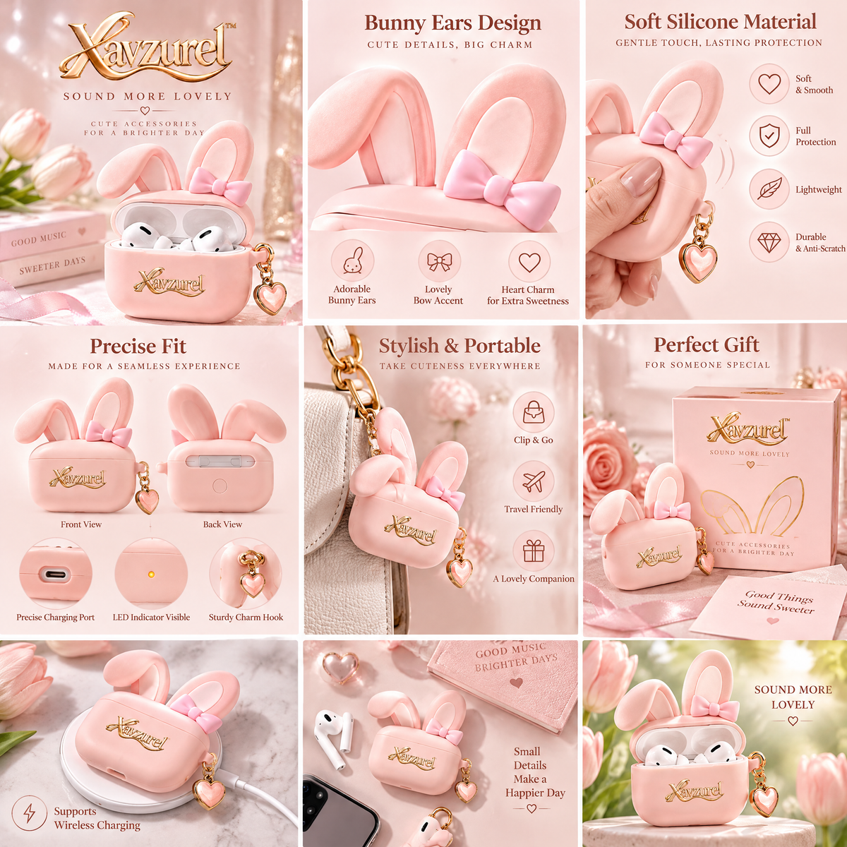 Xavzurel™ Pink Bunny Earbud Case with Bow and Heart Charm — features