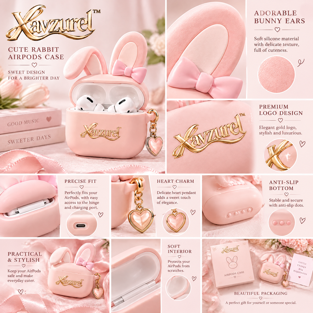 Xavzurel™ Pink Bunny Earbud Case with Bow and Heart Charm — product details
