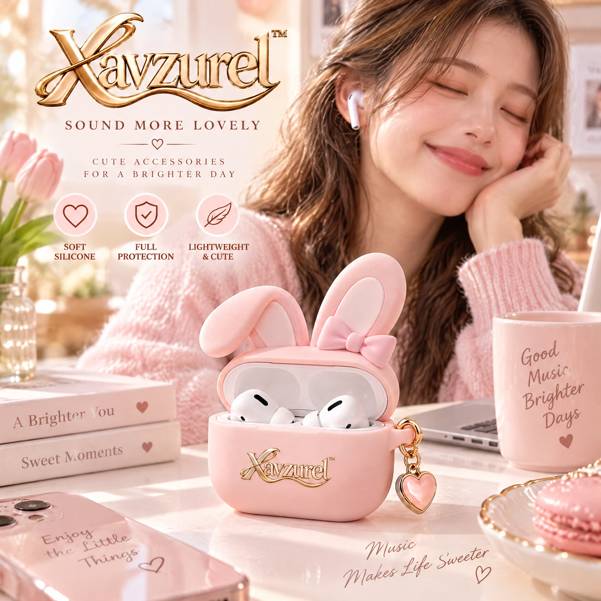 Xavzurel™ Pink Bunny Earbud Case with Bow and Heart Charm — everyday styling