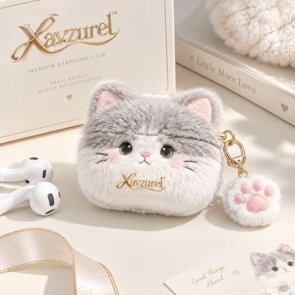 Xavzurel™ Fluffy Cat Earbud Case with Paw Charm — main design