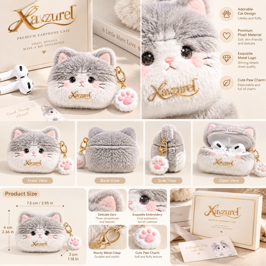 Xavzurel™ Fluffy Cat Earbud Case with Paw Charm — features