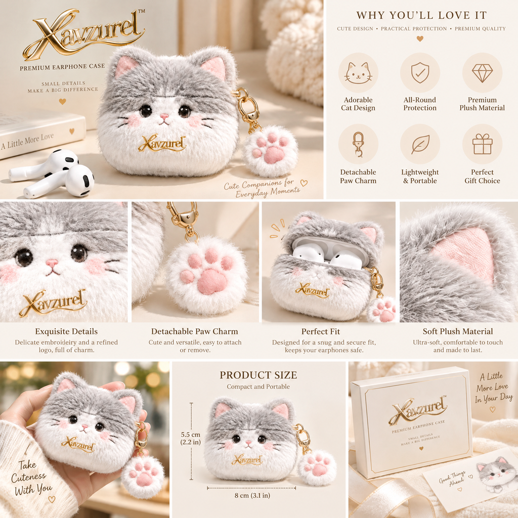 Xavzurel™ Fluffy Cat Earbud Case with Paw Charm — product details