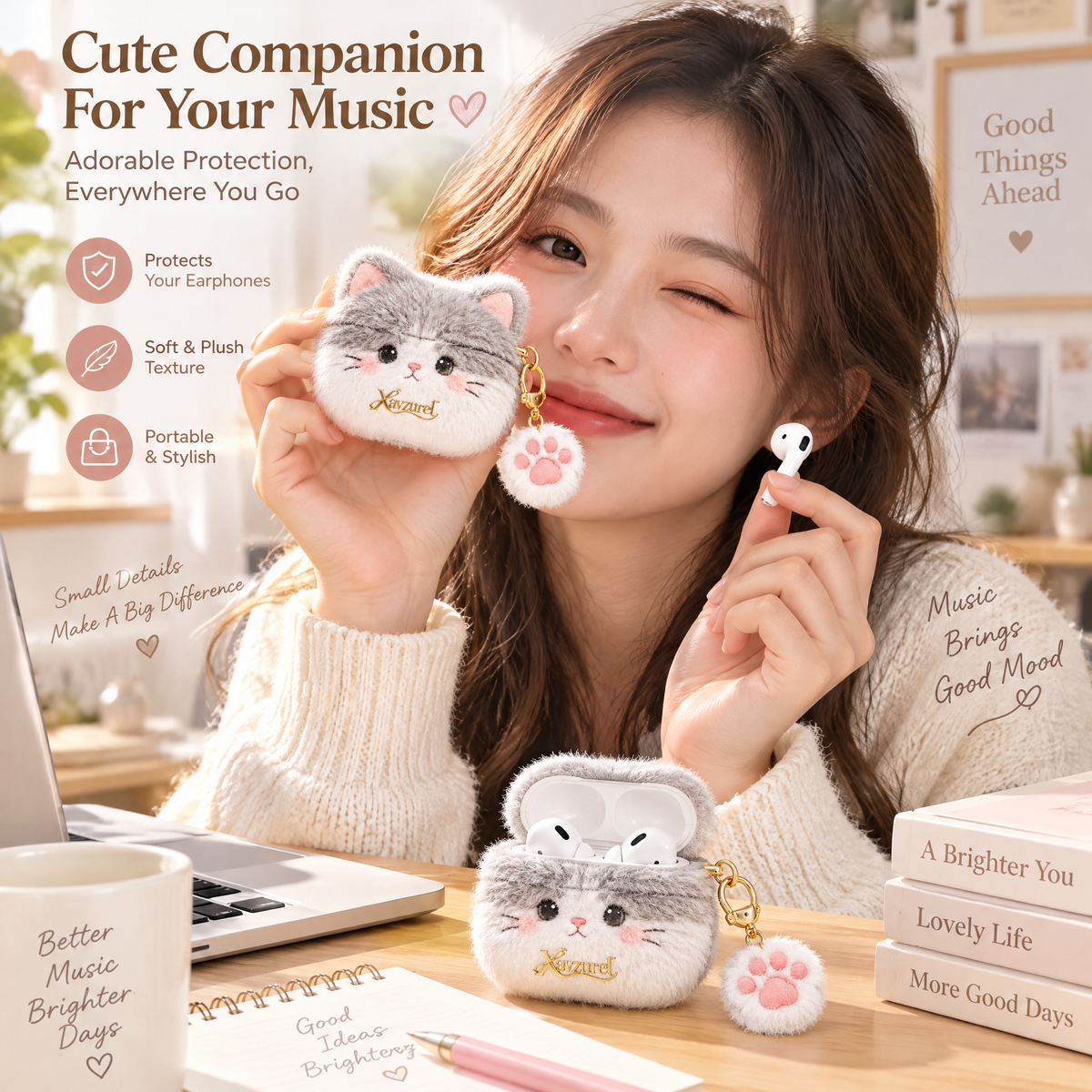 Xavzurel™ Fluffy Cat Earbud Case with Paw Charm — everyday styling