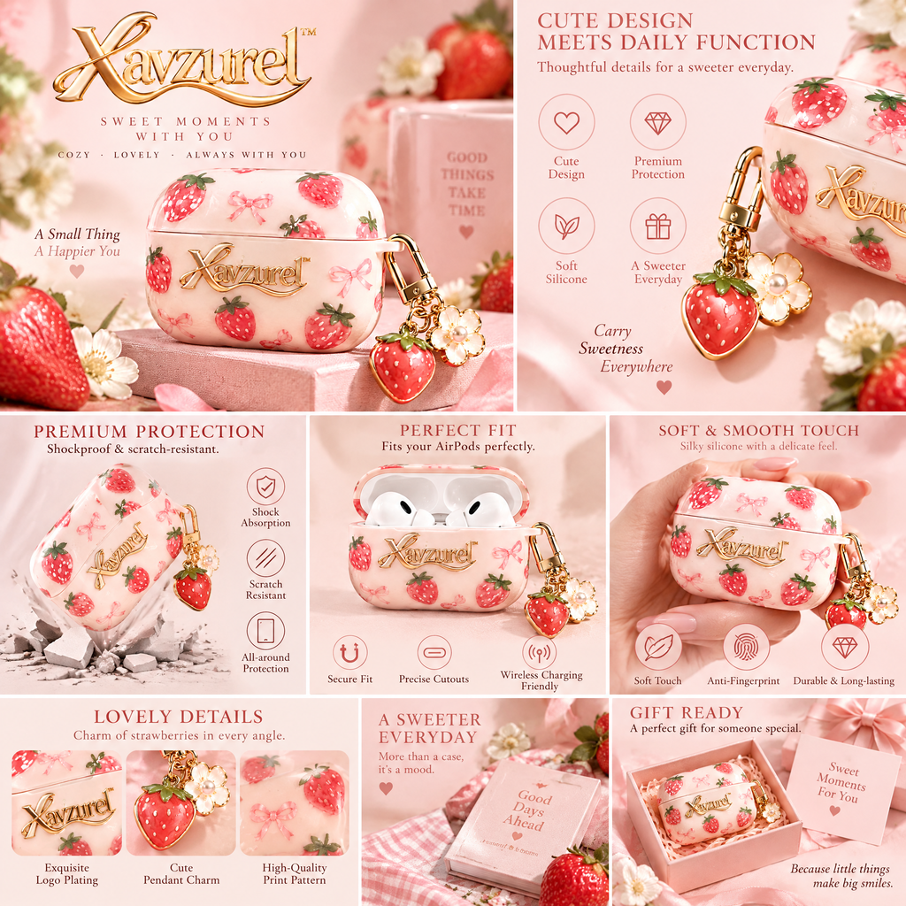 Xavzurel™ Strawberry Pink Earbud Case with Fruit Charm — features