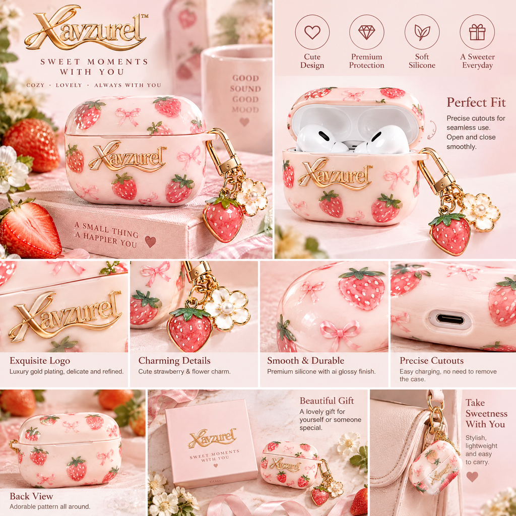 Xavzurel™ Strawberry Pink Earbud Case with Fruit Charm — product details