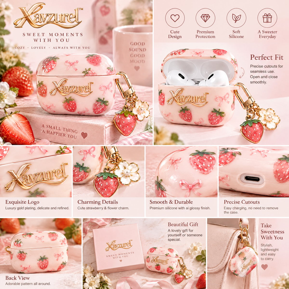 Xavzurel™ Strawberry Pink Earbud Case with Fruit Charm — product details