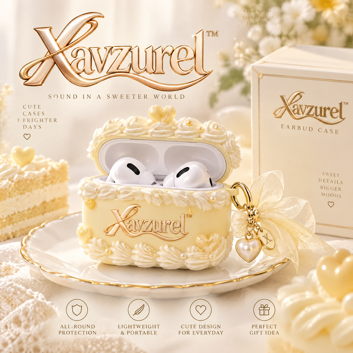 Xavzurel™ Buttercream Rose Earbud Case with Pearl Details — main design